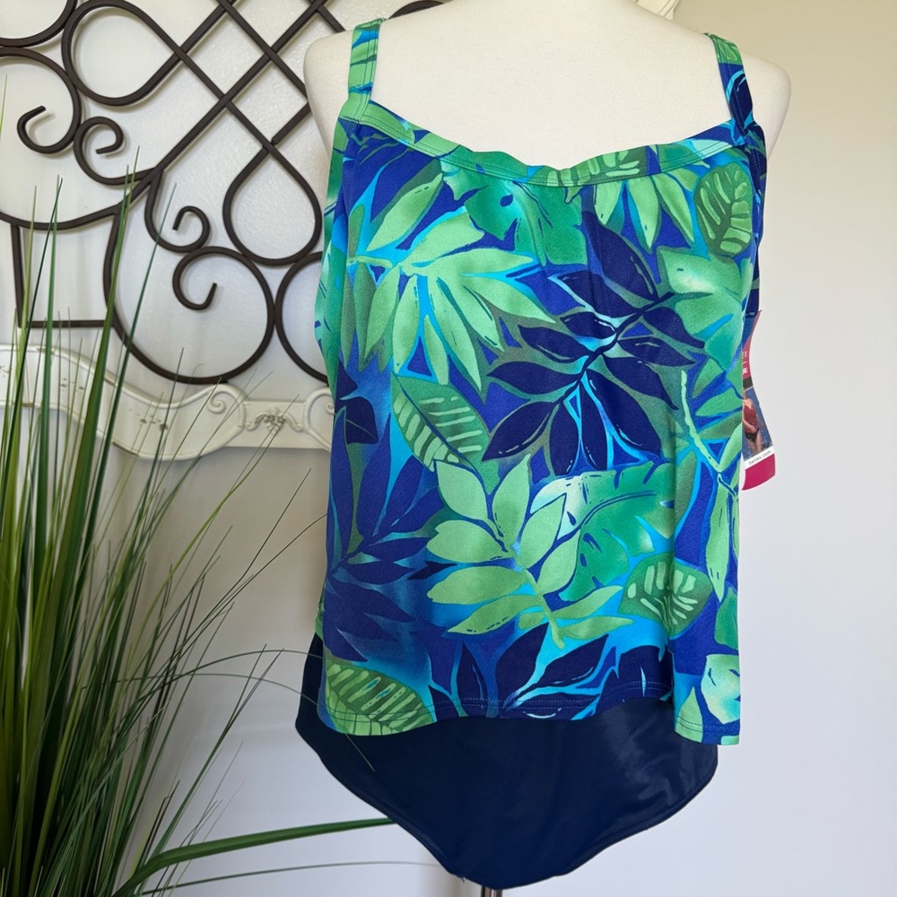 NWT BALTEX Size 20W One Piece Swimsuit with Flowing Overlay - Tropical Print